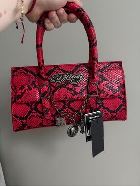 Ed Hardy Red and Black Snake-Print Satchel with Charm Chain